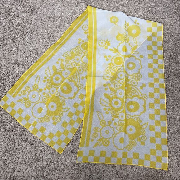 Rectangle Scarf Yellow Flower Power Retro Hand Rolled Ribbon Hair Neck 60s 70s - Picture 1 of 7